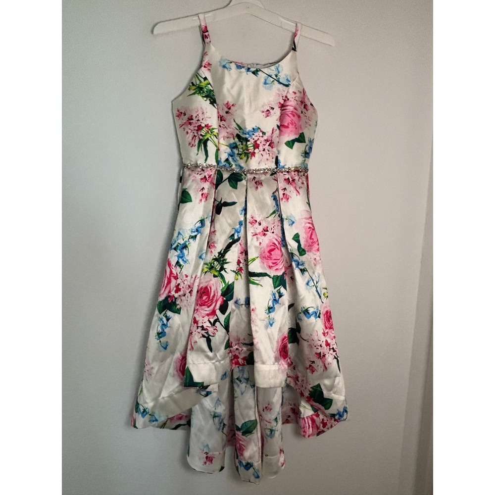 Speechless Kids Girls 14 Floral High-Low Dress Rhinestone Waist Pink White New